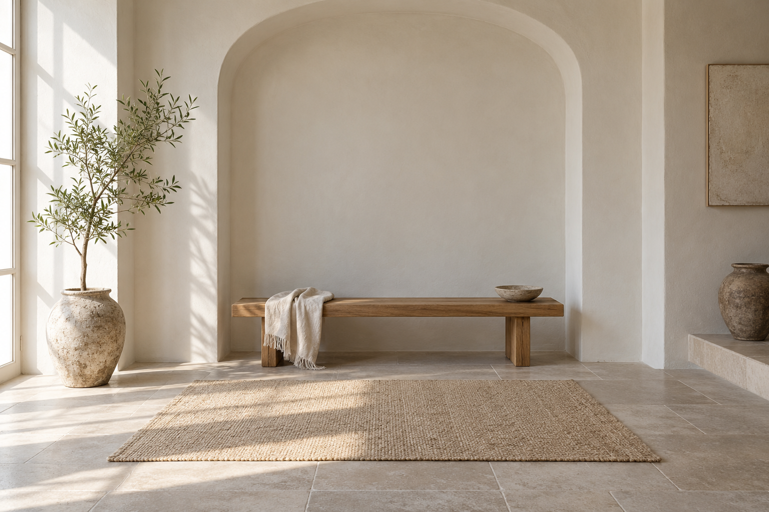 AI-generated architectural study of a plaster alcove with a timber bench, tree, rug, and ceramic vessels in daylight.