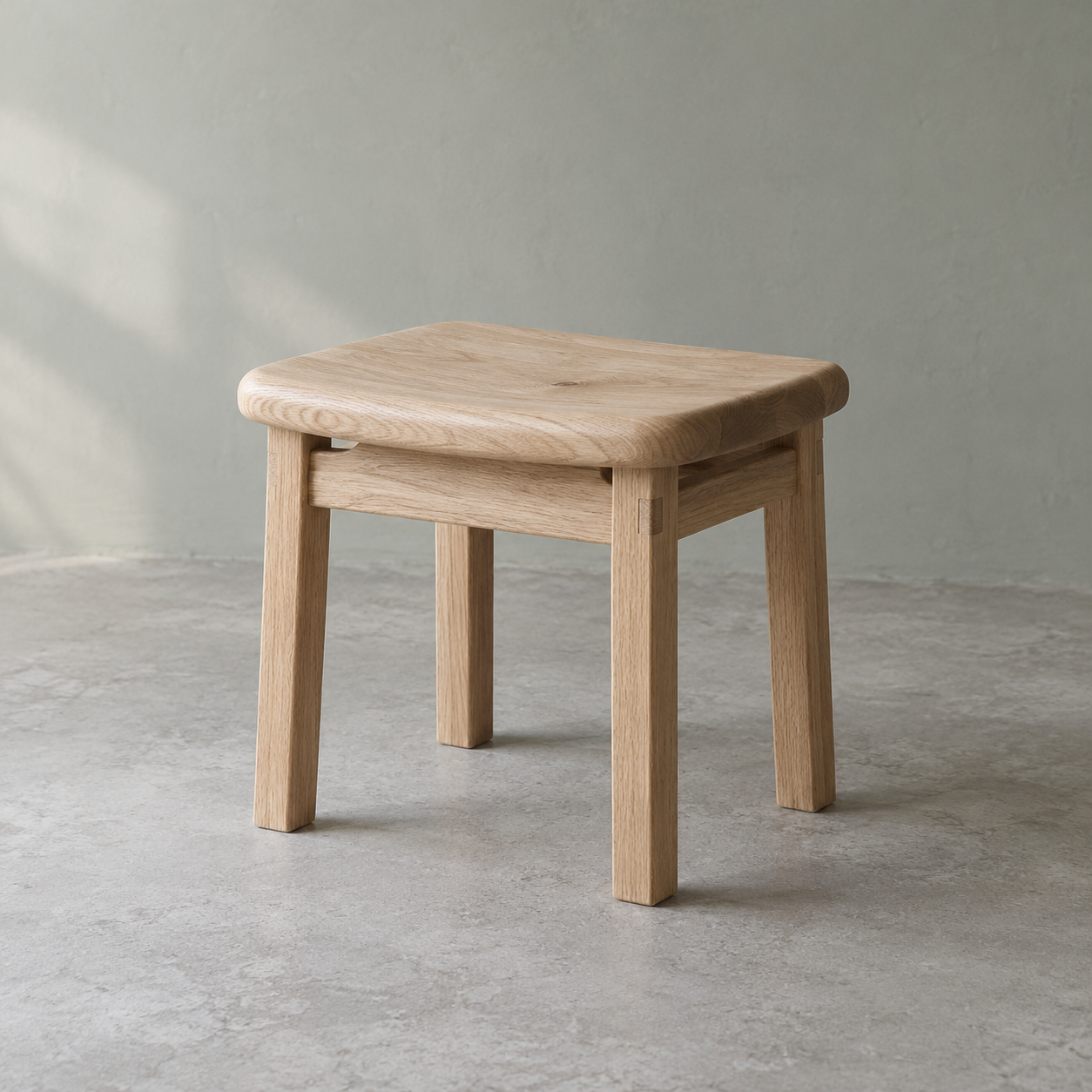 AI-generated design study of an unbranded oak stool.